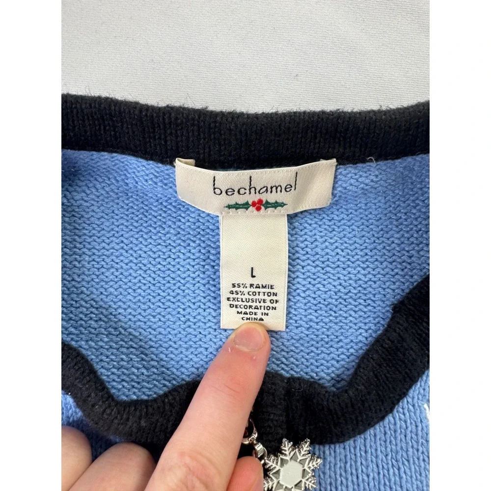 Bechamel Christmas Reindeer Snowflake Zip Up Sweater Vest Blue Womens Large vtg